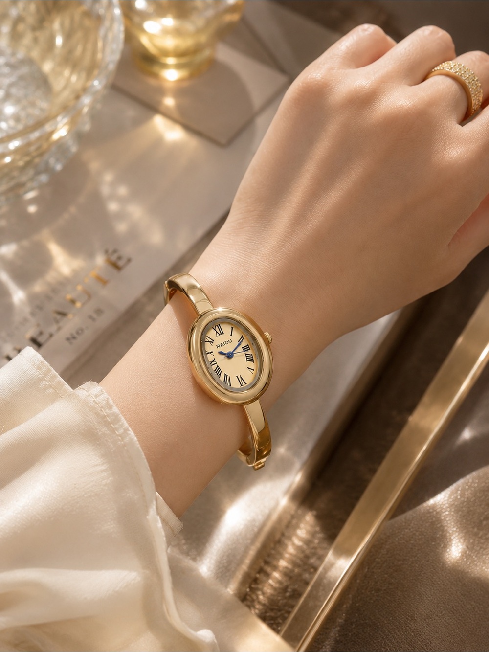 Vintage Gold Tone NAIDU Bangle Watch – Elegant Roman Numeral Bracelet Watch